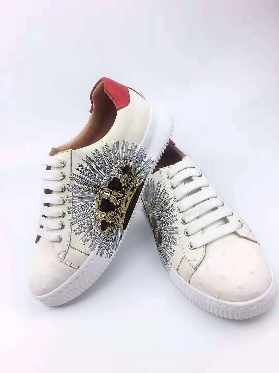 new production real genuine ostrich skin white color fashion sneaker shoe with genuine cowhide skin lining
