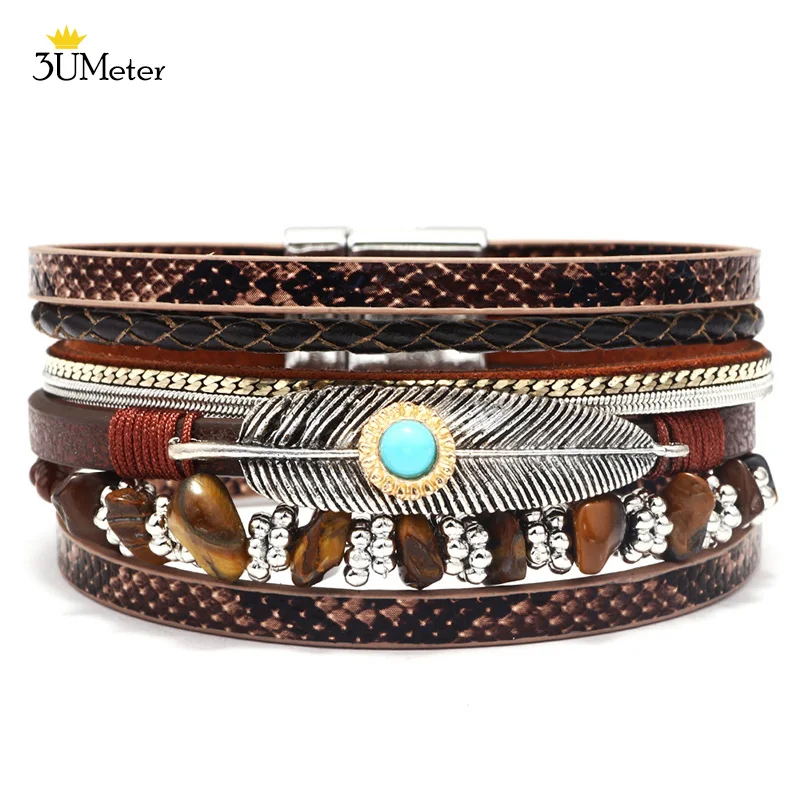 3UMeter Feather Wrap Bracelet Boho Multilayer Leather Cuff Bracelet Natural Stone Beads Bangle Jewelry Gifts for Women Teen Girl