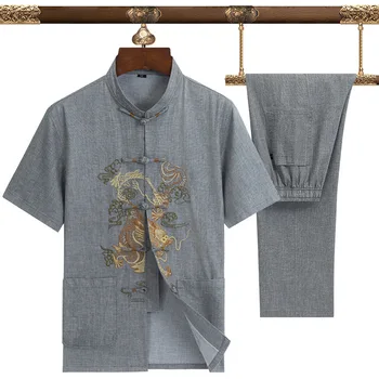 

Gray Mandarin Collar Kong Fu Set Short Sleeve 2020 Summer New Chinese Style Tang Suit Men Casual Shirt And Pant Oversize