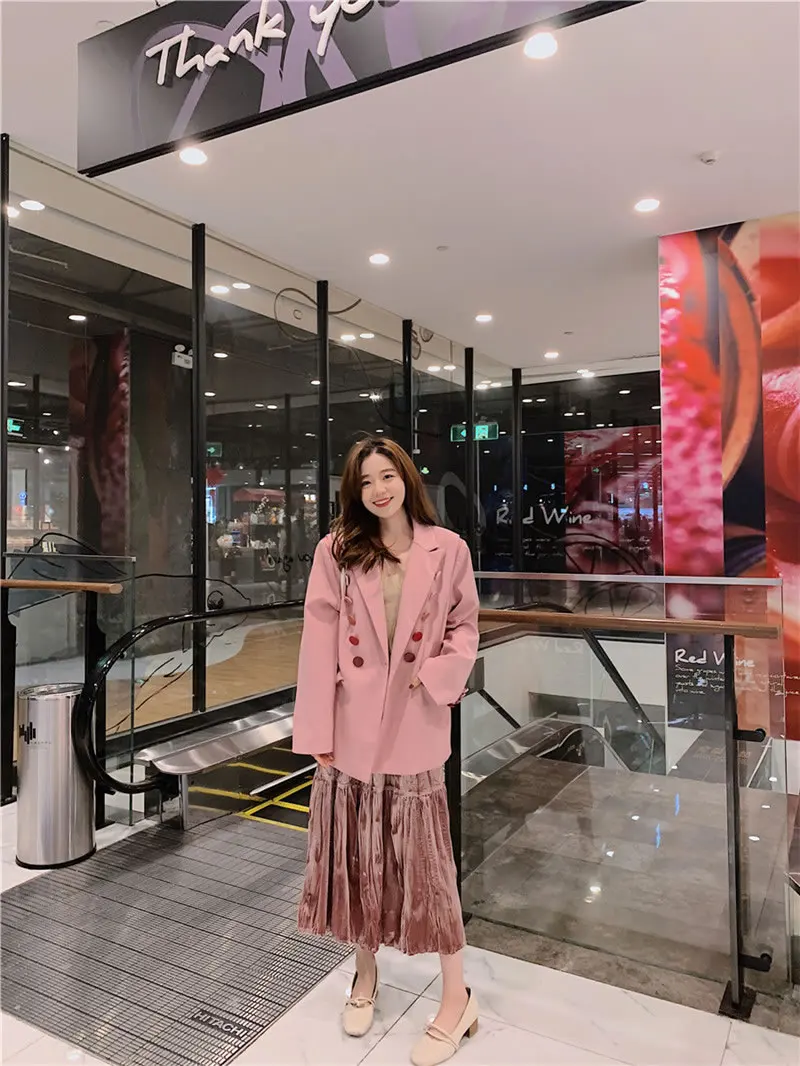 HG розовый Блейзер Женский двубортный костюм воротник карман свободный винтажный элегантный корейский стиль 2019 новый осенний Блейзер