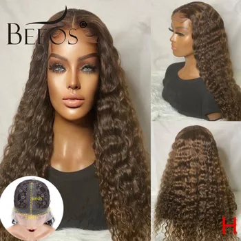 

Beeos 180% Lace Front Human Hair Wig Brown Colored T Part Curly Wigs Pre Plucked Bleached Knots Brazilian Remy Hair Glueless