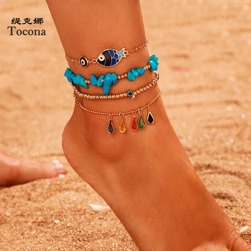 Tocona 4pcs/sets Nutural Stone Anklets for Women Gold Bead Wter Drop Crystal Stone Fish Eyes Foot Chain Summer Jewelry 9083 Tocona 4pcs/sets Nutural Stone Anklets for Women Gold Bead Wter Drop Crystal Stone Fish Eyes Foot Chain Summer Jewelry 9083