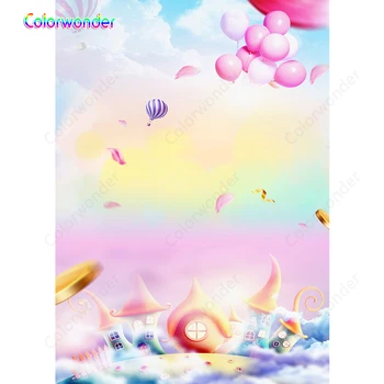 

Beautiful Rainbow Sky Balloon Cartoon House Baby Shower Photography Backdrop Photographic Backgrounds For Photo Studio Vinyl