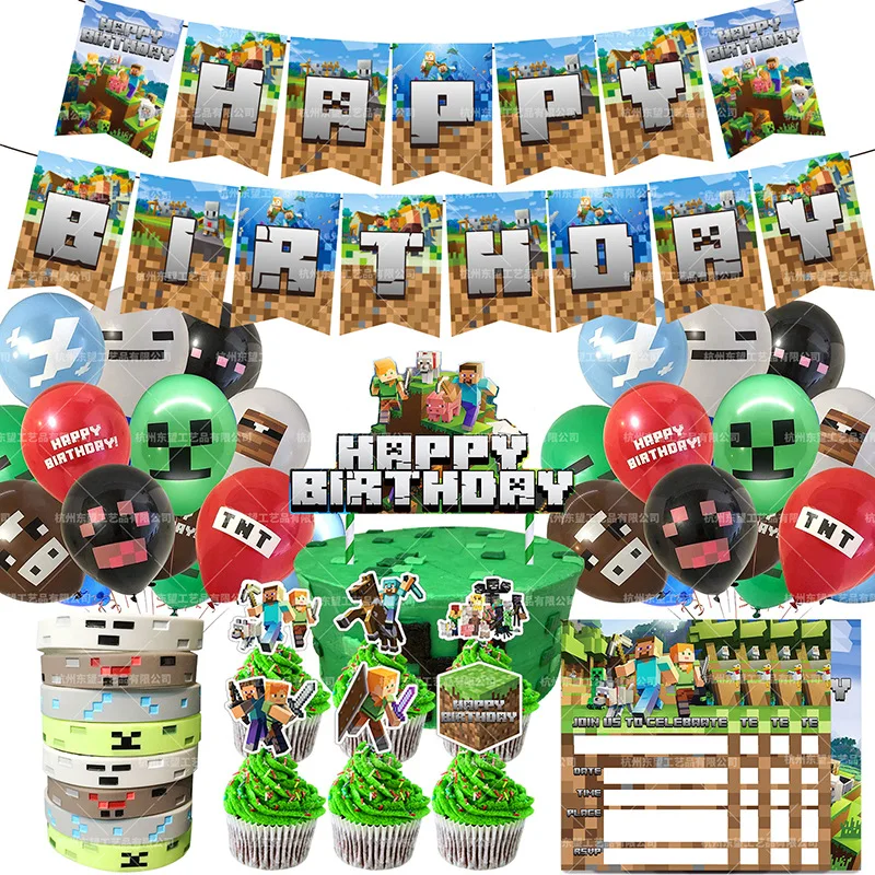 Minecraft periférica tema conjunto de decoración de fiesta pixel pulsera globo invitación Kara bandera tarjeta para pastel y otro cumpleaños suministro