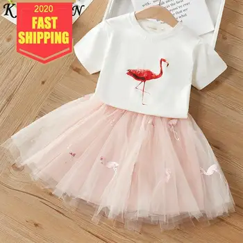 

Keelorn Kids Girl Clothing Sets 2020 New Summer Girls Princess Suits Flamingo Embroidery Girl Outfit Kid Children Outerwear 3-7Y