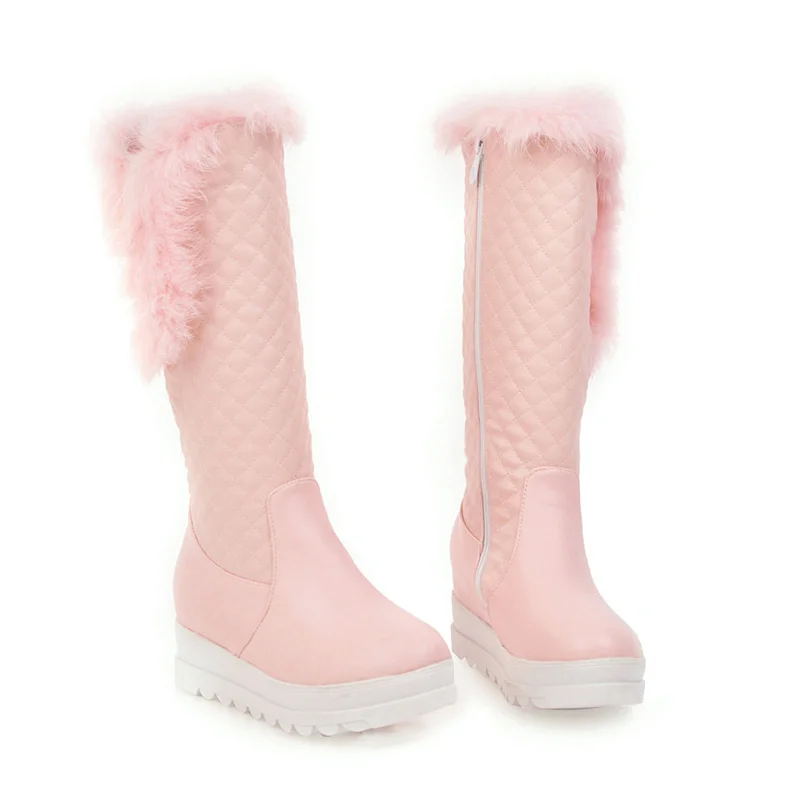 Теплые зимние сапоги; женские сапоги до колена на танкетке и низком каблуке; женские высокие сапоги на платформе; меховая плюшевая женская обувь; цвет белый - Цвет: Розовый