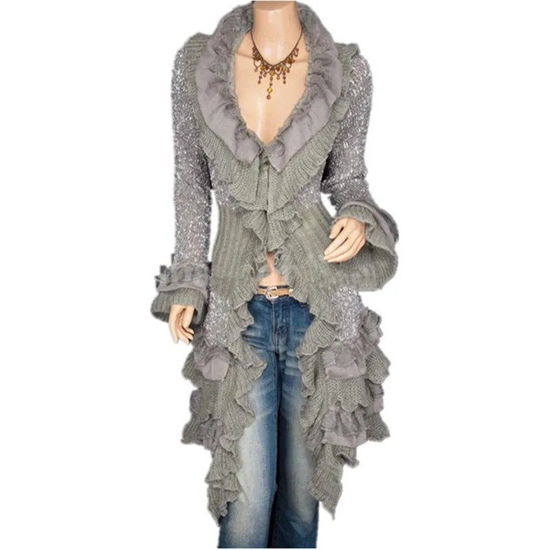 Autumn Winter Lace Ruffle Knitted Sweaters Loose Womens Wool Cardigan Solid |