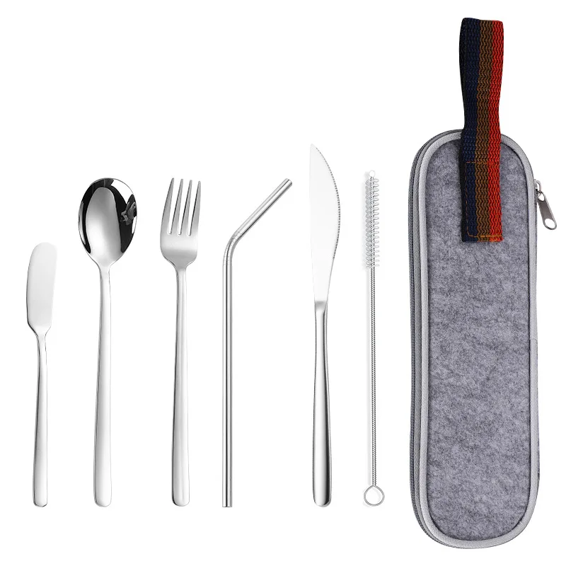 Tofok 7 шт. металлический портативный набор столовых приборов столовый нож ложка Вилка палочки для еды набор щеточек многоразовая дорожная посуда набор с сумкой - Цвет: Silver B