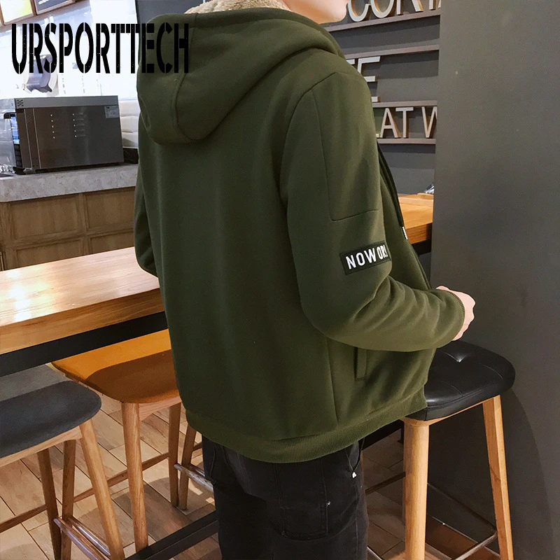 URSPORTTECH, Брендовые мужские толстовки с капюшоном, модные повседневные Бархатные толстые теплые толстовки с капюшоном, повседневные толстовки с капюшоном на молнии, мужские пальто