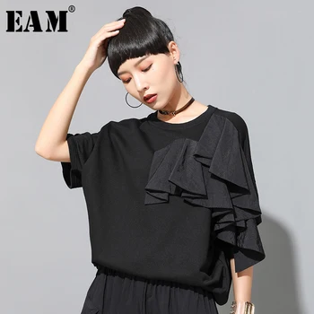 

[EAM] Women Black Ruffles Split Joint Big Size T-shirt New Round Neck Half Sleeve Fashion Tide Spring Summer 2020 1U13