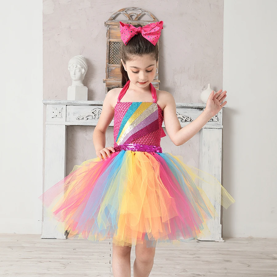 Jojo Siwa Inspired Girls Tutu Dress with Deluxe Bow Sparkly Rainbow Girls Princess Dress Kids Birthday Party Halloween Clothes (21)