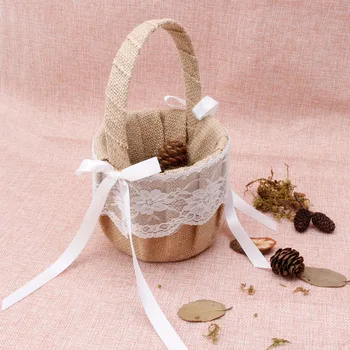 

Romantic Bowknot Burlap Satin Wedding Ceremony Party Rose Flower Girl Basket