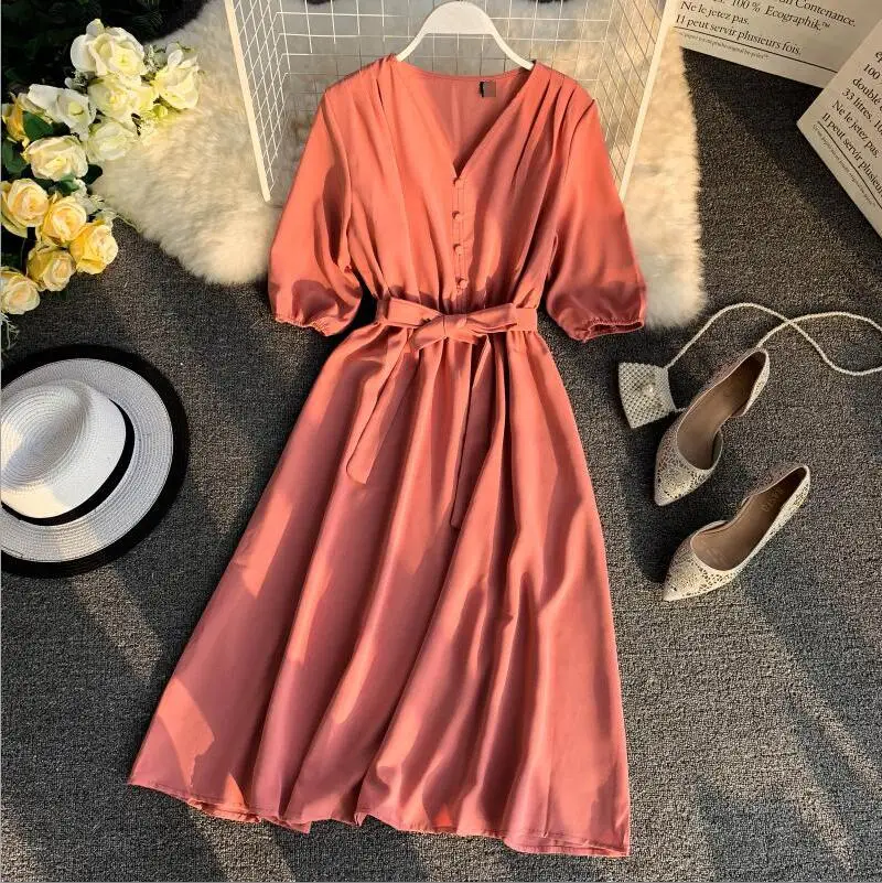 Женские повседневные платья vestidos Mujer новинка Весна Лето Тонкий v-образный вырез однобортный бандаж длинный халат Женское пляжное платье Femme - Цвет: Pink