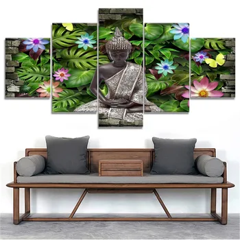 

5 Piece Canvas Art Buddha Green Leaves Flowers Cuadros Decoracion Paintings on Canvas Wall Art for Home Decorations Wall Decor