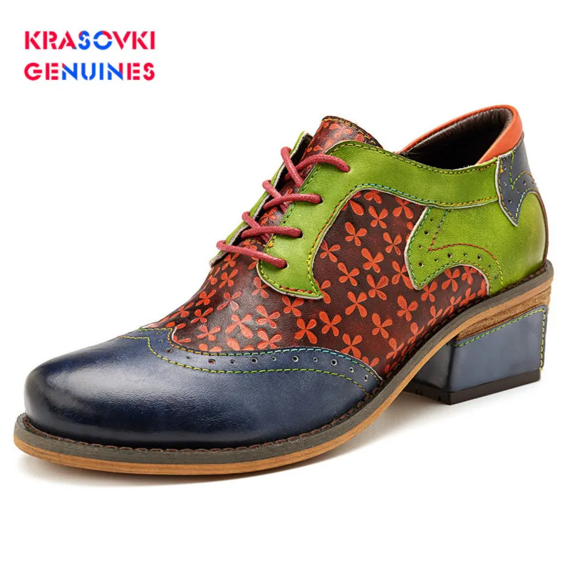 Krasovki Genuines/женские туфли-оксфорды на плоской подошве; кожаные женские броги на плоской подошве; винтажные повседневные туфли-оксфорды для женщин; обувь на шнуровке