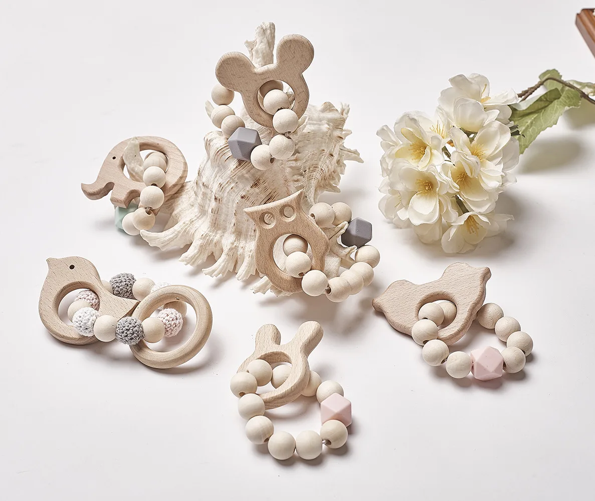 Baby Nursing Bracelets Natural Wood Teether Silicone Beads Teething Wooden Rattles Toys Baby Teething Toy Bracelets Nursing Gift