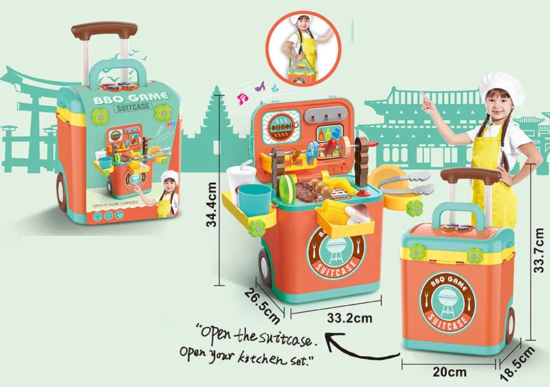 

Children Play House Model Electric Tool Doctor Kitchen Makeup BBQ Barbecue Hand Travel Trolley Toy Set