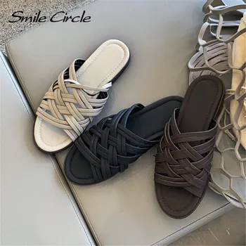 

Smile Circle Summer Sandals Women flat slippers Genuine Leather Fashion Round toe Open toe student Ladies Shoes