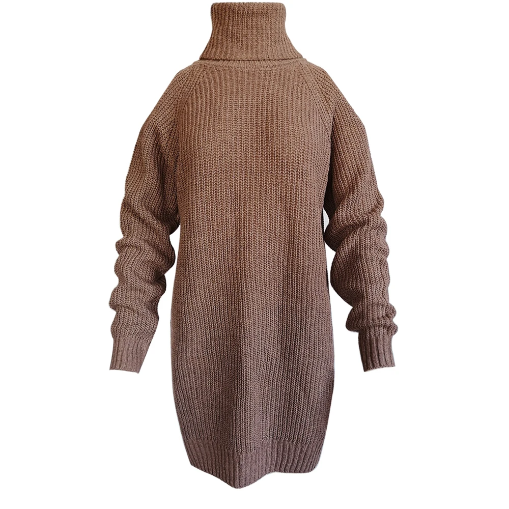 MoneRffi Осень Зима Водолазка с открытыми плечами вязаный свитер платье для женщин сплошной тонкий размера плюс длинные пуловеры вязаный джемпер