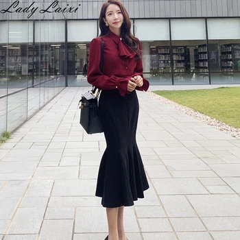 

2019 Autumn Elegant office OL work 2Piece Set Women Solid Color Long sleeve Shirts and Ruffles Midi Mermaid Bodycon Skirt