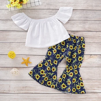 

Girls Summer Clothes Suit Sun Flower Print Princess Off Shoulder Tops+Sunflower Bell Bottoms Outfits
