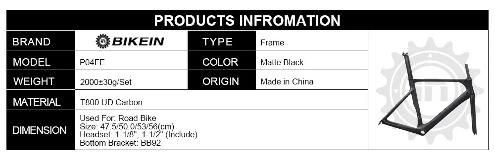 BIKEIN T800 UD углеродистая рама для дорожного велосипеда+ вилка матовый черный BB92 велосипедный шоссейный велосипед Запчасти 47,5/50,5/53/56 см Сверхлегкий 1200 г