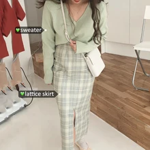 Мятно-зеленая свежая клетчатая юбка длинная с высокой талией Осенняя Женская юпе Longue Falda Larga Gonne'll Saia