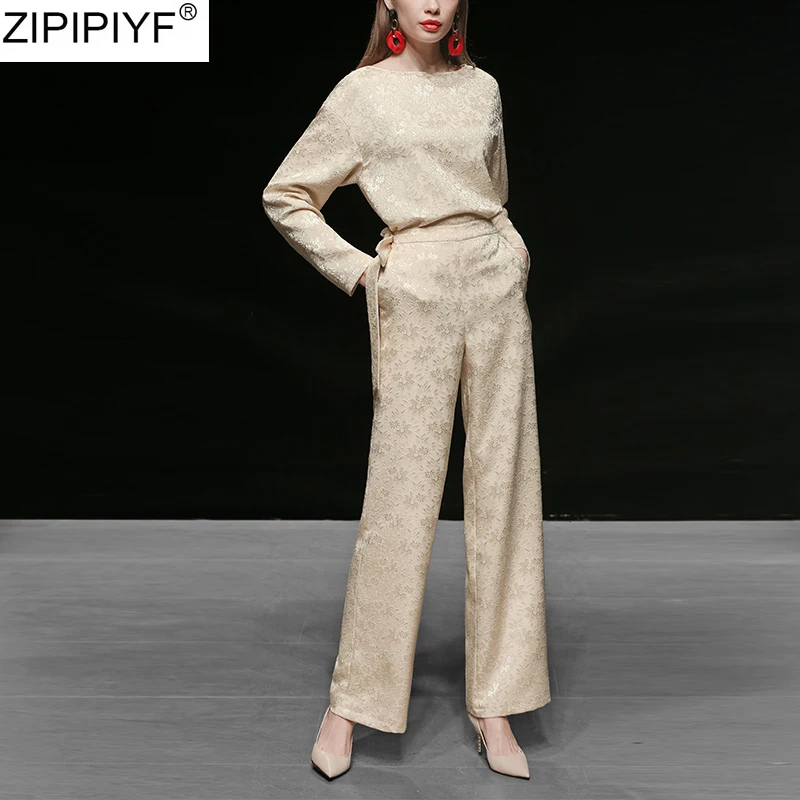 2020 Spring Fashion Designer Jacquard Long Sleeve O-Neck T-Shirt + Wide Leg Pants Two-Piece Set Suit | Женская одежда