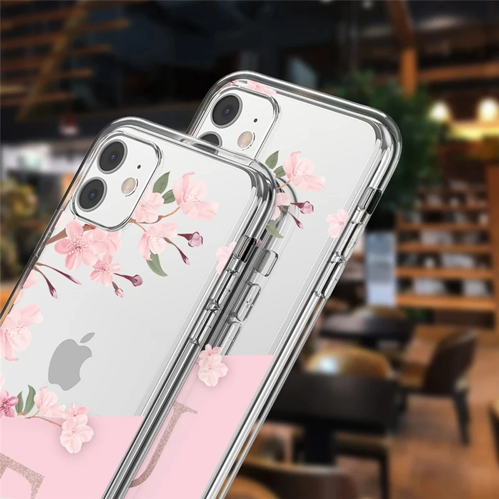 Pink Flowers Initial Letter A To Z Transparent Phone Case for iphone 11 
 13 Pro Max 12 Pro Max 7 8 Plus XS Max X XR Soft Cover best iphone 13 case