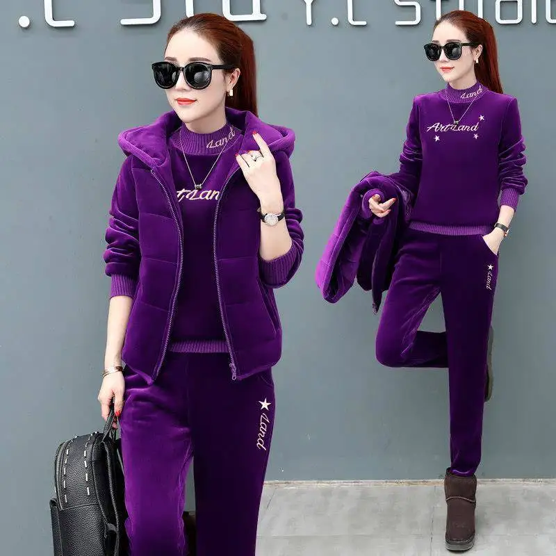 purple Зимние женские повседневные спортивные костюмы, утолщенный укороченный топ с капюшоном, толстовка с надписью, свободные длинные брюки, комплекты из 3 предметов, спортивные костюмы, женский костюм - Цвет: purple