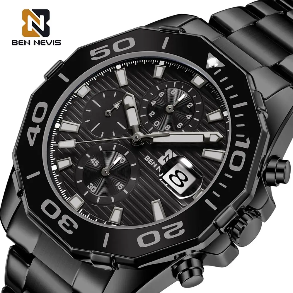 

BEN NEVIS Black Men's Quartz Wrist Watches Luminous Hands Multi Functional Dial Fashion Watches Male Relógio Masculino