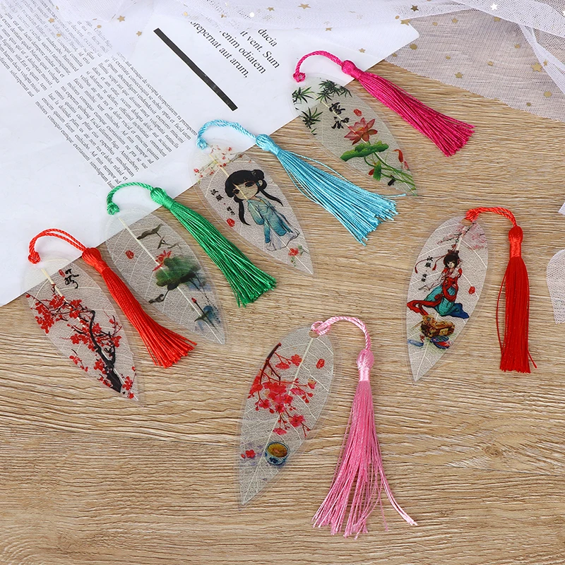 

Waterproof Transparent PVC Plastic Flower Leaf bookmark Chinese style Print bookmark Tassel Bookmarks