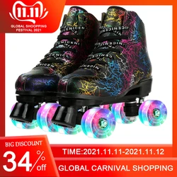 2021 beginner Roller Skates Flash Pu Wheel  Black Artificial Leather Adult Double Row Quad Sneakers Outdoor Roller Shoes