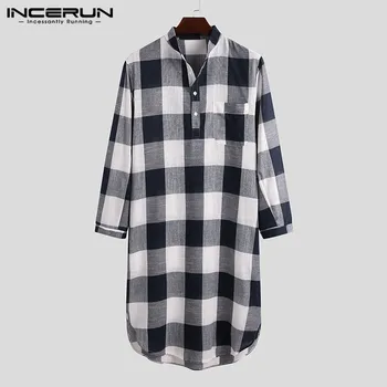 

2020 Plaid Robes Men Sleepwear Homewear Long Sleeve Stand Collar Cotton Fashion Bathrobes Leisure Mens Nightgowns S-5XL INCERUN