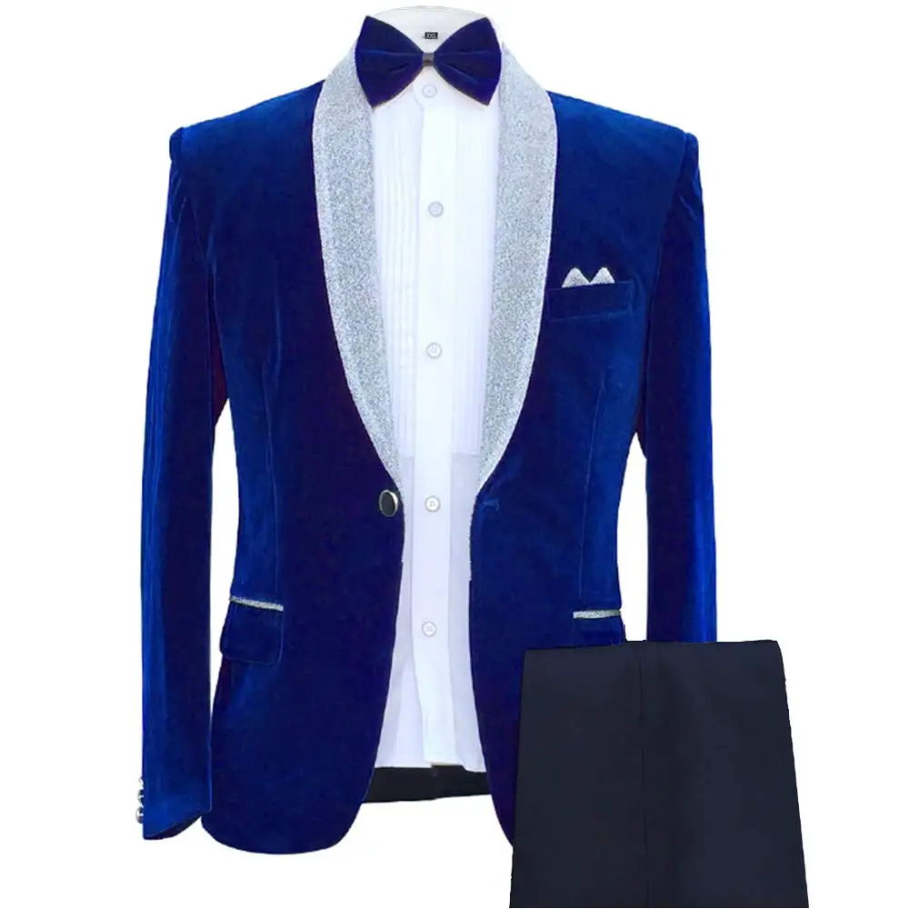

Custom Made Velvet Men Suits Groomsmen Shawl Lapel Groom Tuxedos Wedding Best Royal Blue Blazer Suit 2 Pcs (Jacket+Pants+Tie)