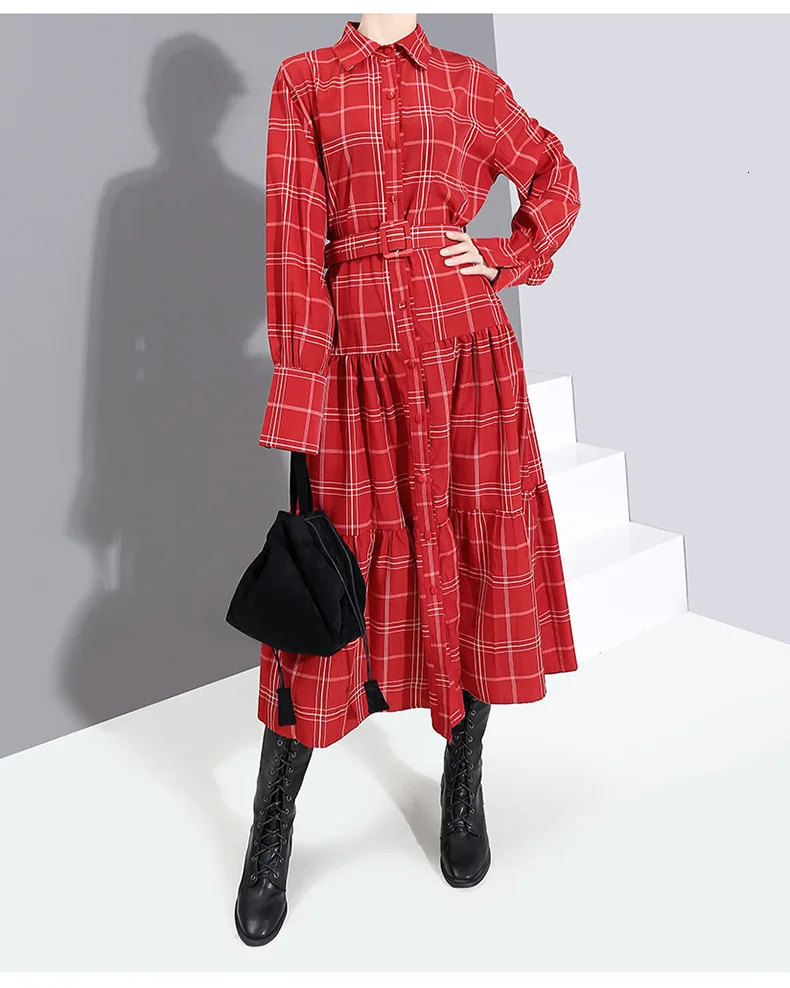 [EAM] женское Красное Клетчатое длинное платье с принтом, новинка, с отворотом, длинный рукав, свободный крой, мода, весна-осень, 19A-a869