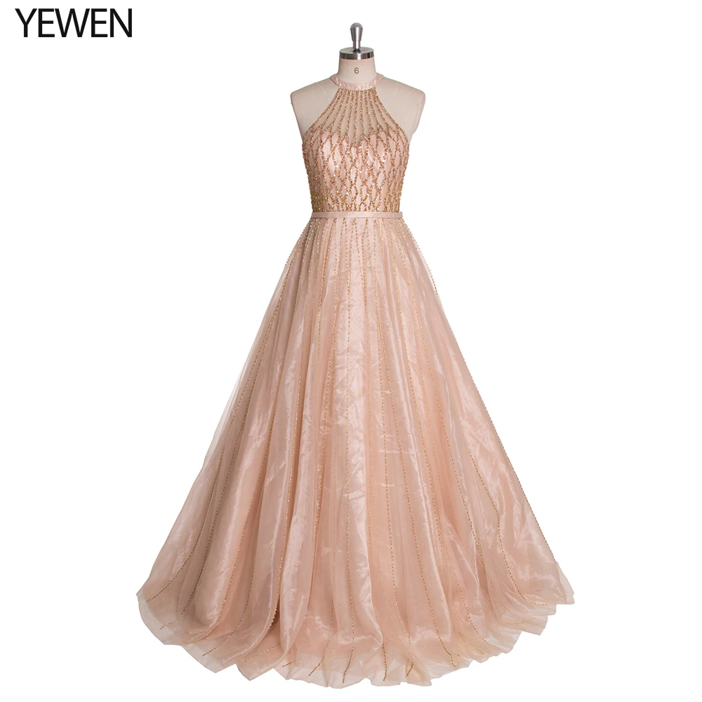 

Beading Prom Dresses 2019 Halter neck Tulle Floor Length Sleeveless Evening Gown A-line prom dress vestidos de fiesta YW19113