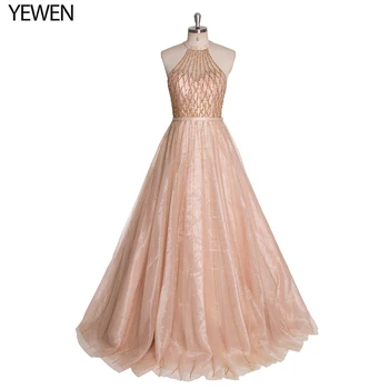 

Beading Prom Dresses 2020 Halter neck Tulle Floor Length Sleeveless Evening Gown A-line prom dress vestidos de fiesta YW19113