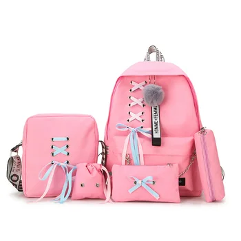 

Canvas Schoolbags Women Backpack 5Pcs/Set Chain Book Bag for Teenager Girls Student Waterproof Ribbon Boys Schoolbags Black Pink
