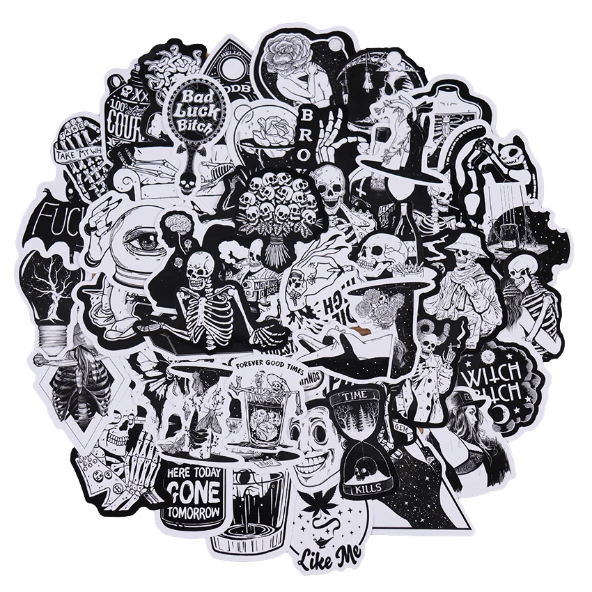 50PCS Black White Gothic Style Horror Skeleton Graffiti Stickers DIY Laptop Luggage Guitar Skateboard Car Decal Kids Toy