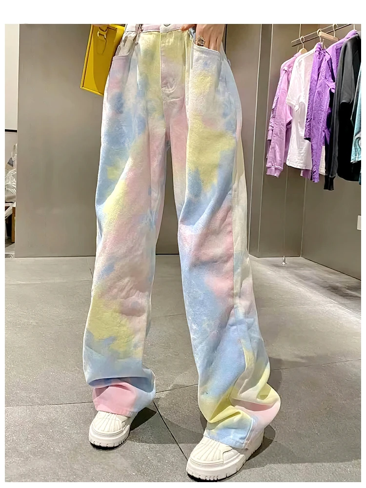 Tie Dye Jeans Rainbow Buckle Casual Denim Wide-leg Pants Women's Summer  Harajuku High Waist Straight Loose Thin Mopping Trousers - Jeans -  AliExpress