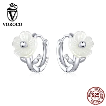 

VOROCO BNE321 925 Sterling Silver Exquisite Pure White Flower Hoop Earrings Christmas Gift Fine Jewelry Hypoallergenic Earrings