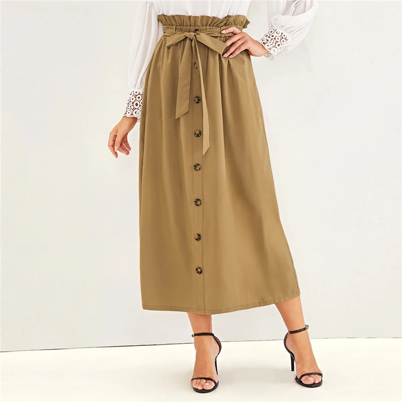 Sheinside Camel Paperbag поясная юбка женская Осенняя прямая юбка на пуговицах Женская однотонная повседневная юбка с поясом