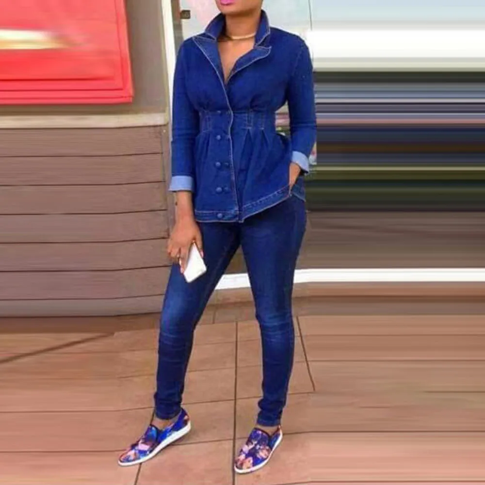 

2XL Fashion Denim Jacket Pants Two Piece Set Women Outfits African Sexy V Neck Design Coat Jeans 2 Pieces Suit Autumn Casual