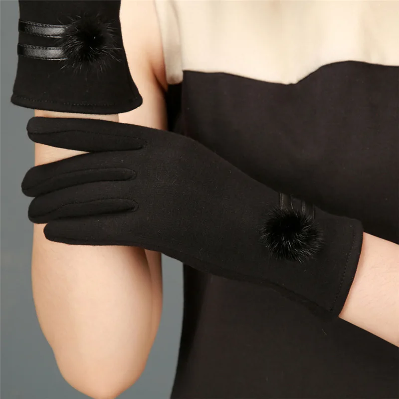 Driving gloves winter gloves women gloves fashion touch cotton thickening hair ball touch screen riding Mittens gloves D46