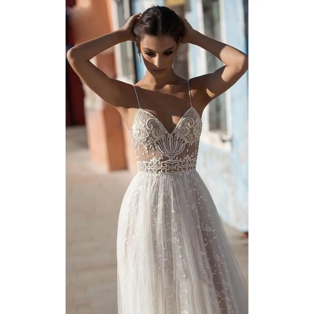 Платья с жемчугом и блестками; Vestidos Para Boda; пикантные тонкие бретельки; изящная вышивка; Иллюзия; тюль; Вентиляционное платье; пляжные свадебные платья