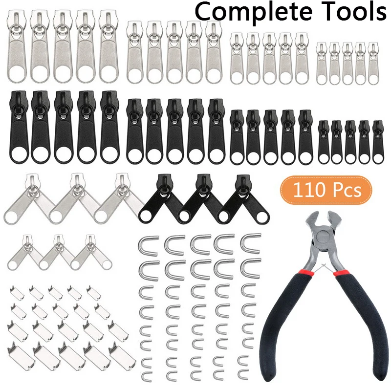 

110pcs Combination Set Of Zipper Chain Head With Mini Pliers 4.5inches Clothing Garment Top Bottom Stopper Zipper Repair Kit