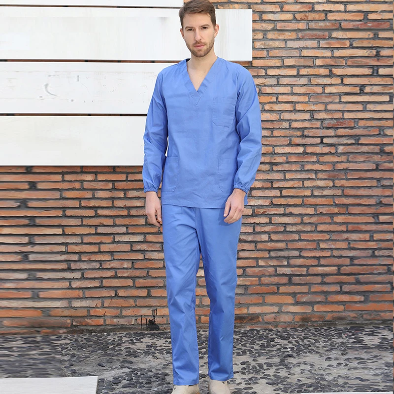 blue set Мужская медицинская униформа из чистого хлопка скрабы набор с длинным рукавом v-образным вырезом топ+ брюки хирургические скрабы - Цвет: blue set