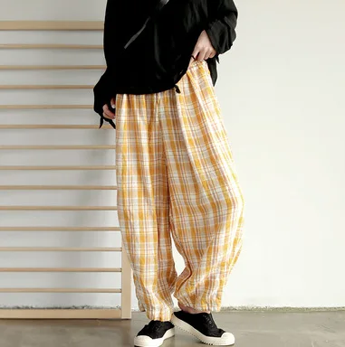 Autumn Woman Cotton Linen Pants New Big Size Plaid Loose Elastic Waist Vintage Casual Women Trousers YoYiKamomo