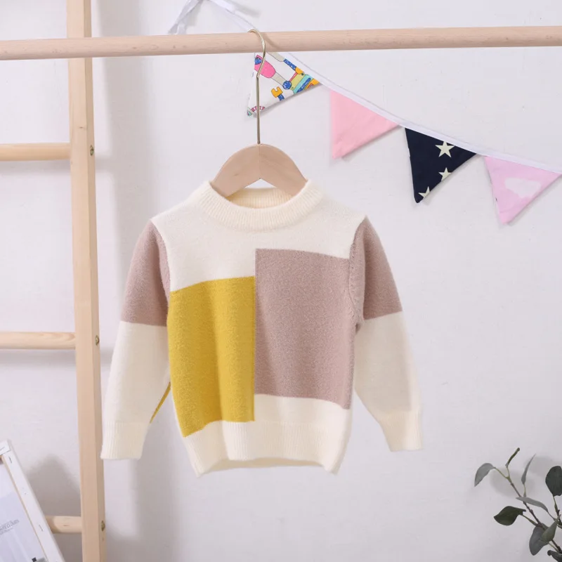 Autumn Winter Toddler Boys Sweater Baby Knitwear Tops Plaid Patchwork Kids Pullover Girls Clothes RT163